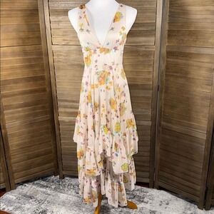 Free People Women Cream Floral Tiered High Low V-Neck Maxi Dress Size 6 Boho